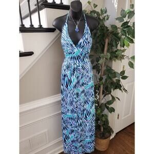 What's Hot Women's Blue Polyester Halter Neck Sleeveless Long Maxi Dress Small